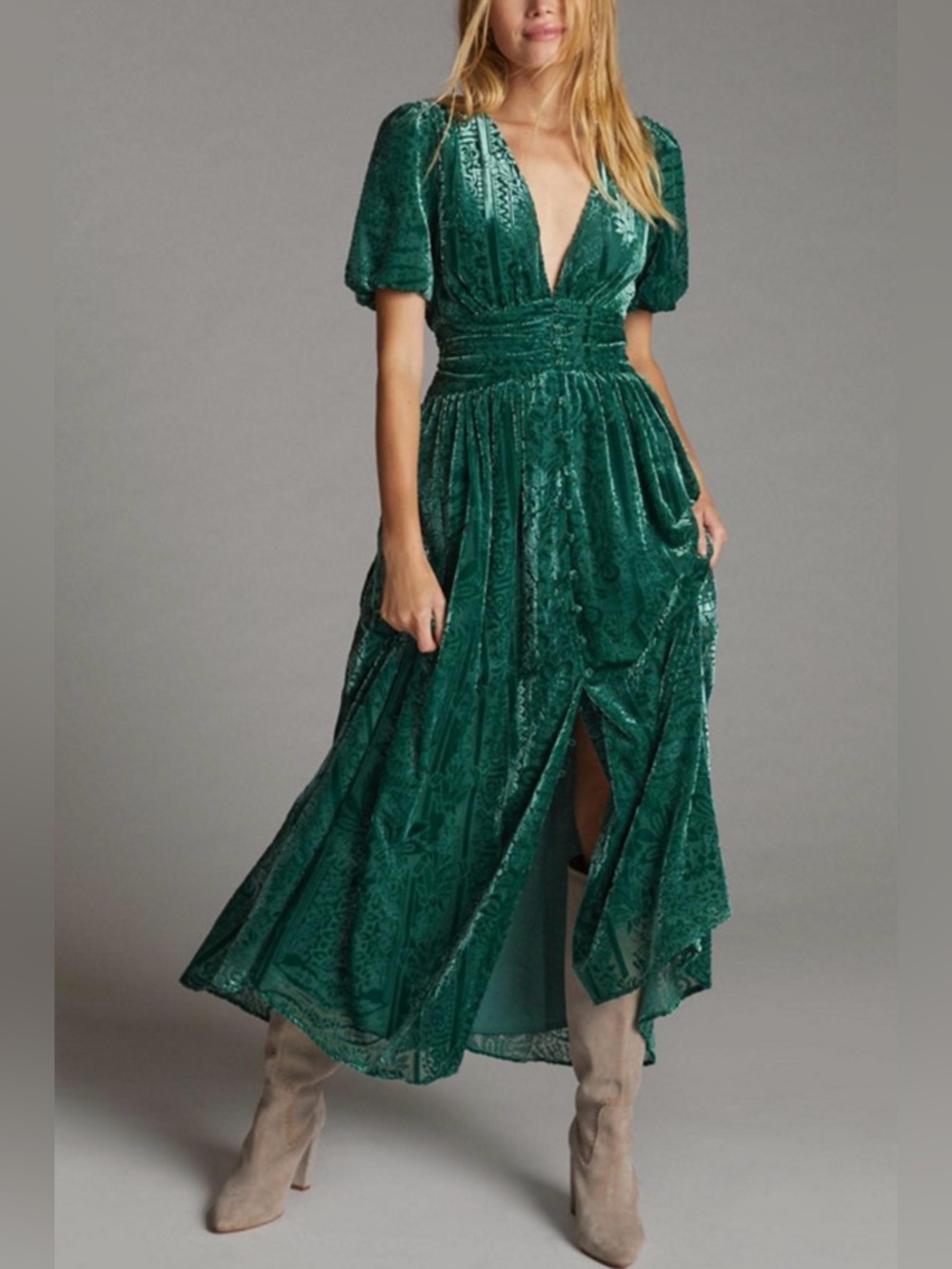 Anthropologie Catalina Burnout Velvet Maxi Dress Green 0